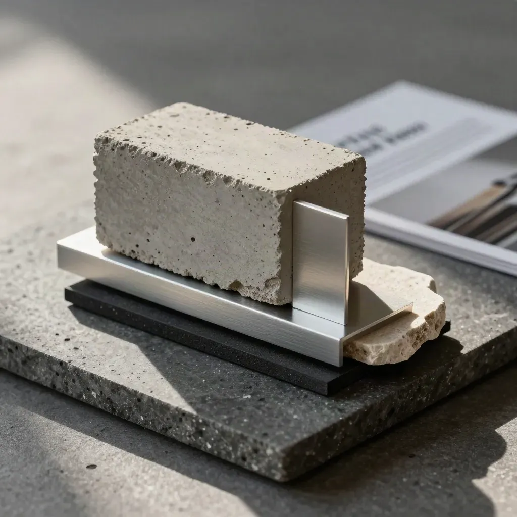 Concrete, aluminium, limestone and rubber material samples stacked on matte basalt.