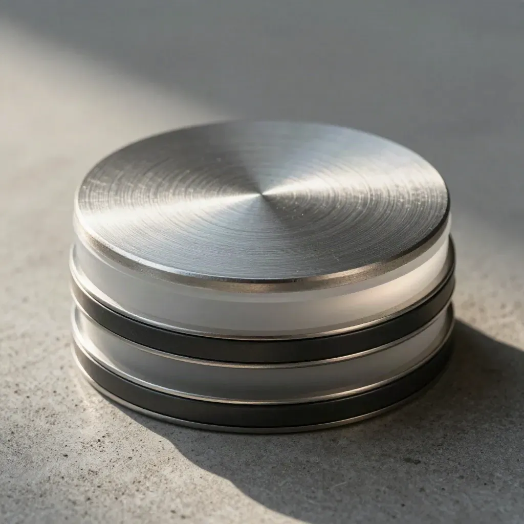 Top-down brushed metal discs, frosted spacer and charcoal ring stacked on pale concrete.