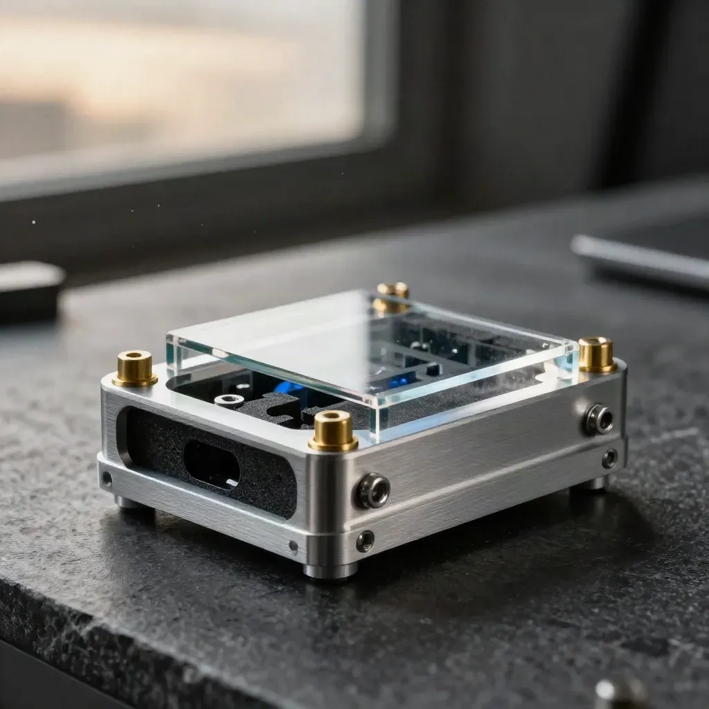 Exploded prototype hardware kit on a dark stone workbench with brass and blue accents.
