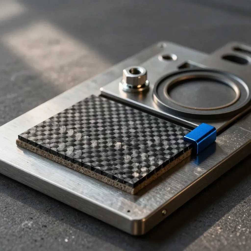Aerospace sample board with carbon-fiber tile, titanium bracket and hex fastener on brushed metal.