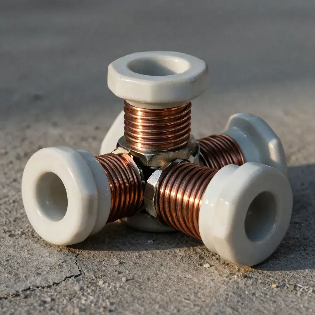 Industrial electrical hardware cluster on rough concrete, lit with warm directional light.