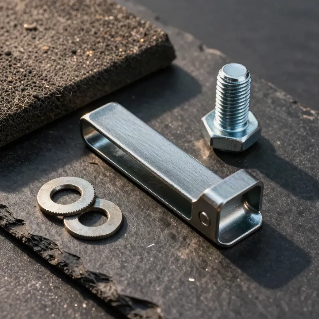 Overhead rail fixings on dark slate: clip, sleeper pad, ribbed bolt head and washer.