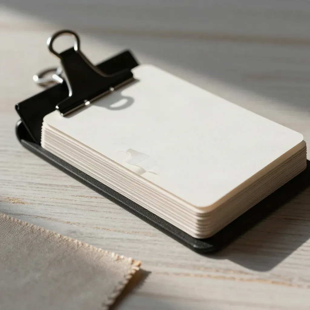 Macro of a binder clip, fanned concept cards, linen swatch and tabs on pale wood.