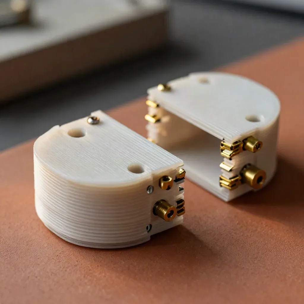 Macro of prototype enclosure halves, brass spacers and screws in a hairline test-fit gap.