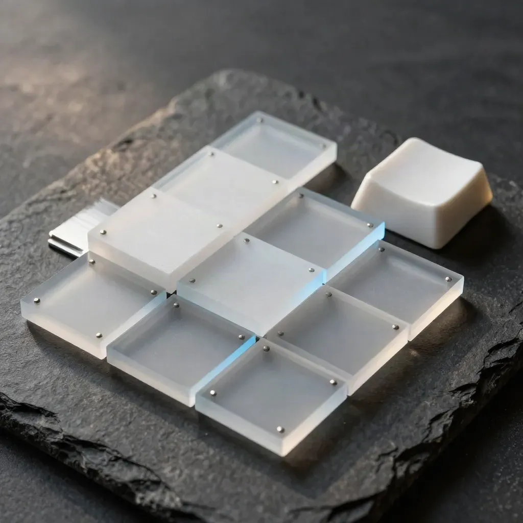 Frosted acrylic grid tile sliding under white foam squares with magnetic dots on charcoal stone.