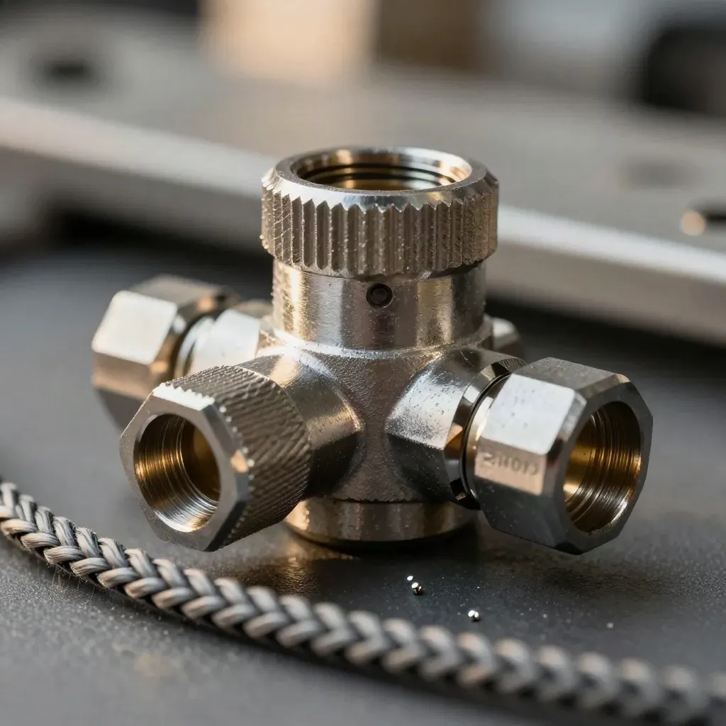 Macro of aluminium connector hardware clicking into a port block on a graphite surface.