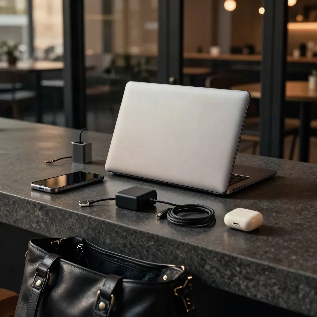 Founder carry kit on stone ledge: closed laptop, phone, charger and earbuds in dramatic side light.