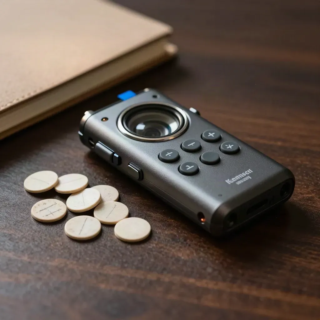 Audio recorder beside tally chips and a closed notebook on dark oak, lit with soft directional light.