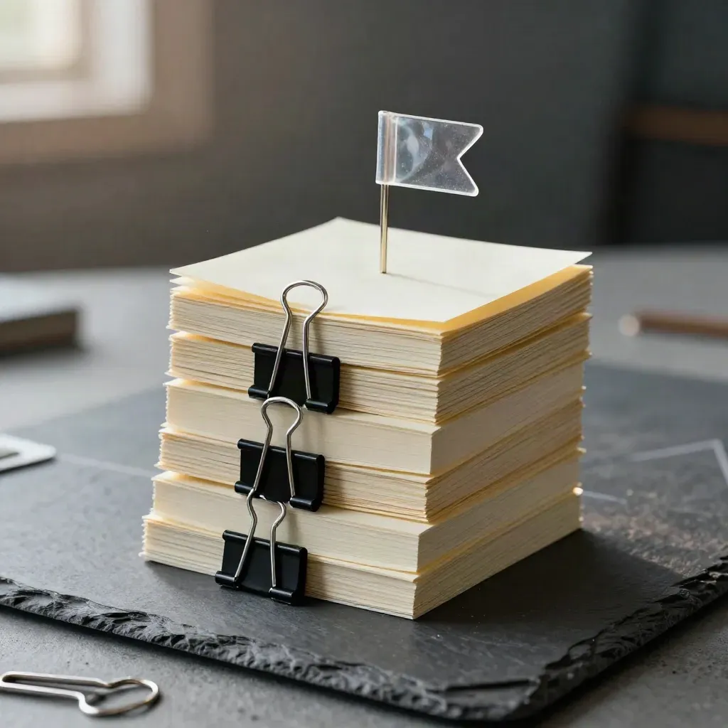 Roadmap tower of index cards, clips, and sticky flags on slate concrete.
