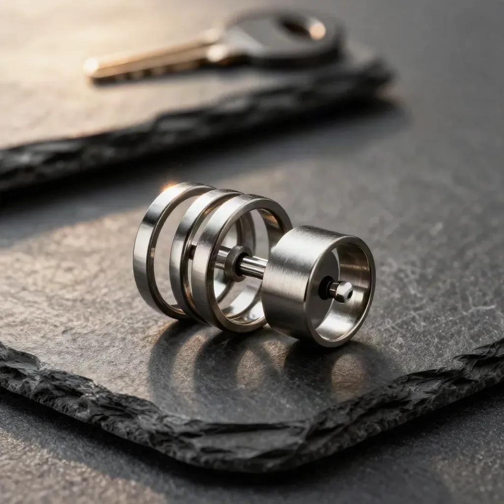 Stainless rings interlocking around a coupler on graphite stone, with modular blocks and a pin