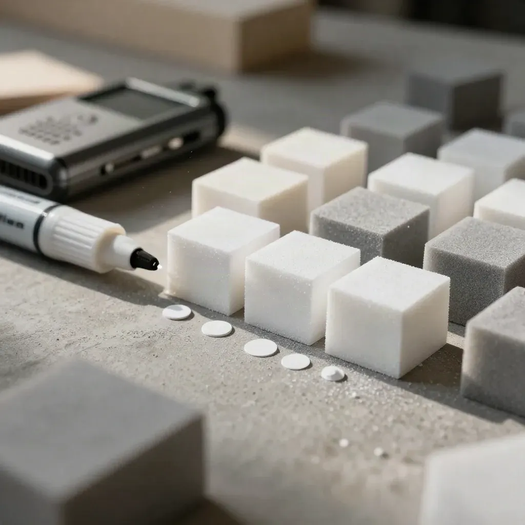 Workshop markers, foam blocks and a voice recorder arranged on concrete under dramatic side light.