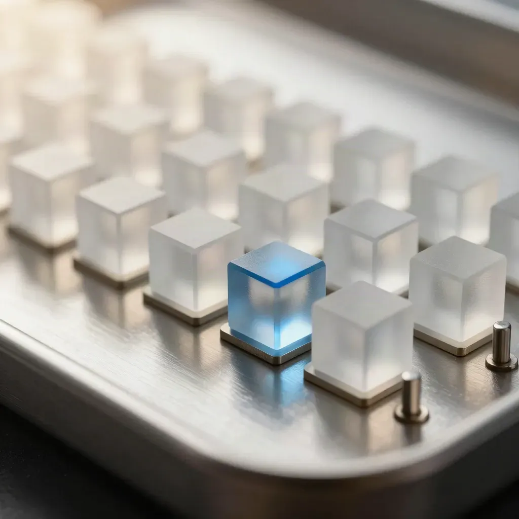 Top-down macro of frosted acrylic cubes and connector plates on brushed metal with a blue accent.