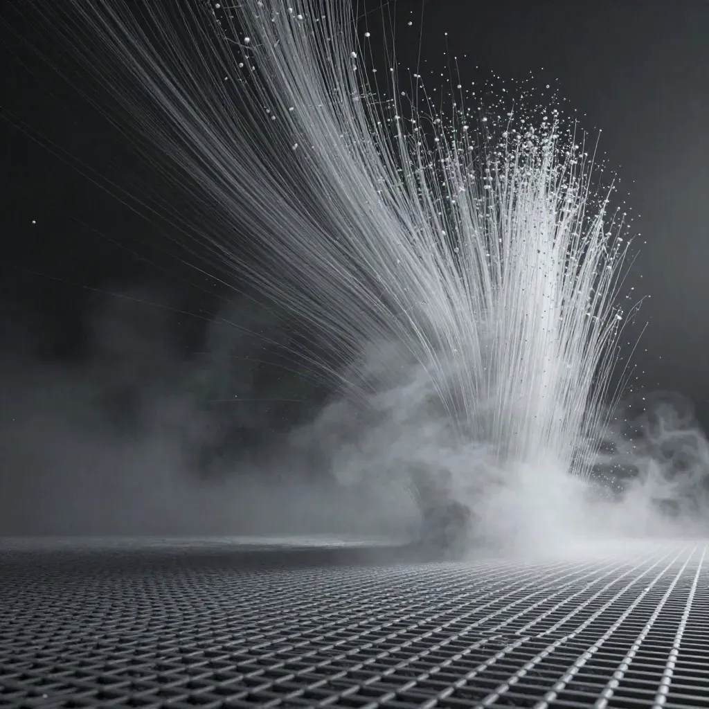 Silver filaments bloom in graphite haze with calm lower space for a stats headline.
