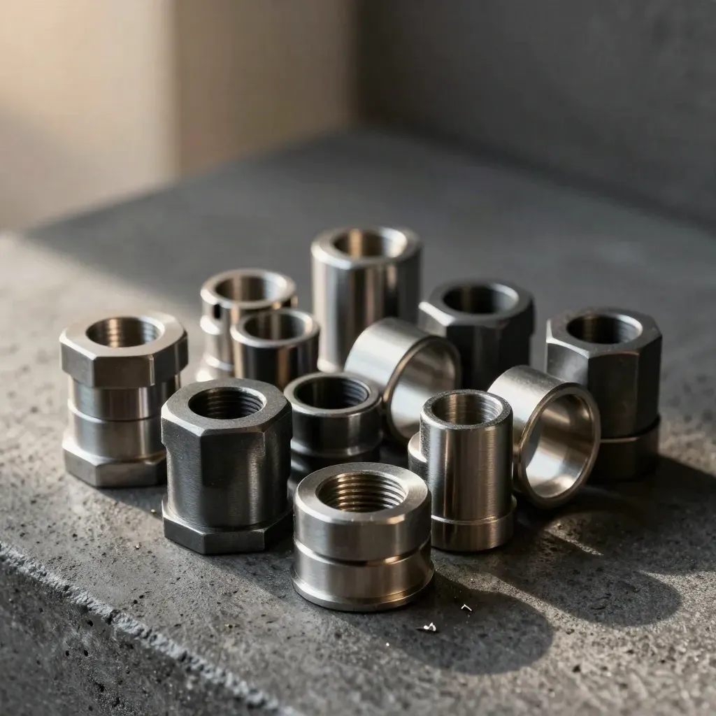 Metal modular connectors and hex spacers arranged on dark concrete in soft daylight.