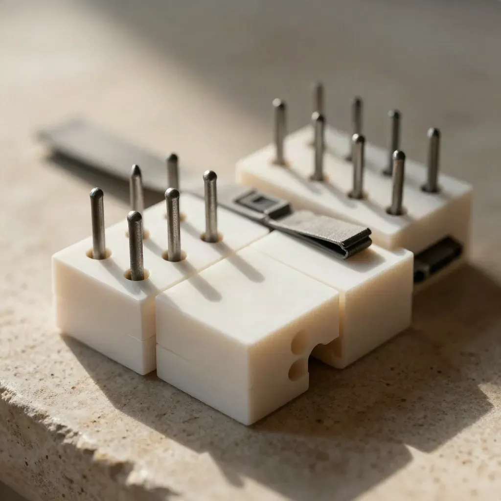 White modular blocks and matte pins clicked together on pale stone, top-down close crop.